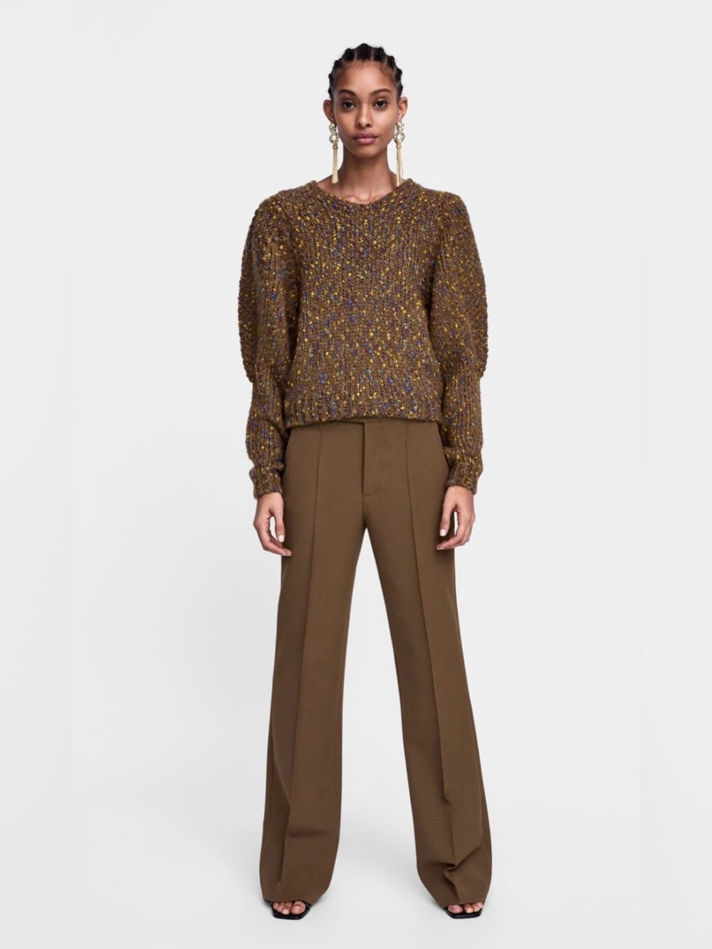 NWT Zara Brown Speckled Melange Chunky Knit Wool Sweater Puff Sleeve Sz S